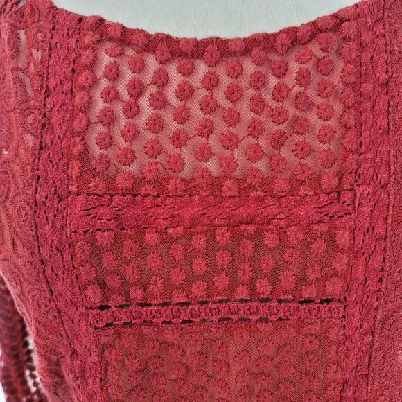 Lucky brand brick red boho top with semi sheer panels - Picture 2 of 12